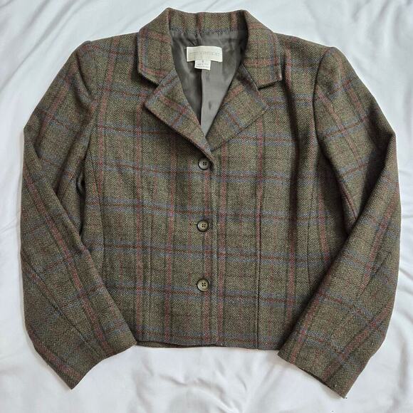 Petite Sophisticate Plaid Wool Blazer 8 Made in Italy Preppy Academia Old Money - Picture 1 of 10